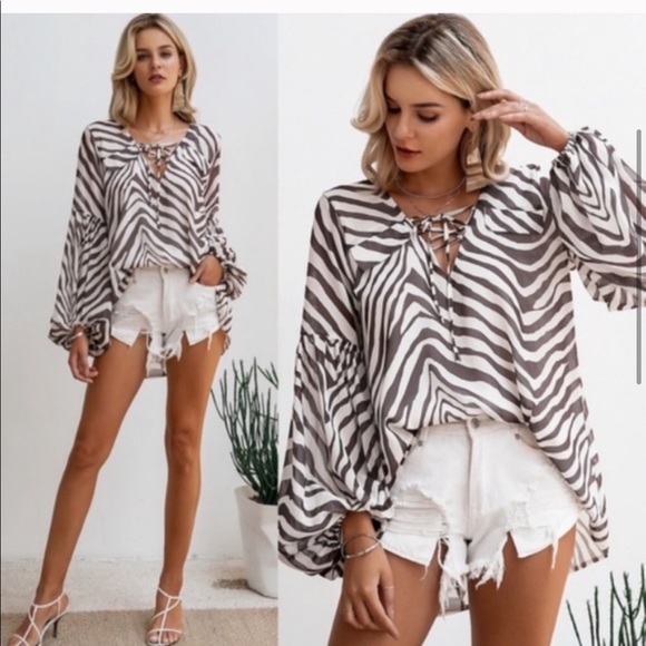 Boho Chic Zebra Lace Up Blouse - Picture 3 of 4
